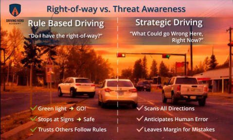Side-by-side comparison of rule-based driving versus strategic driving at an intersection, from Driving Hero Academy